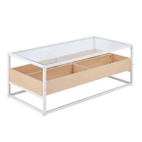 Lumisource Display Contemporary Coffee Table in White Metal, Natural Wood, and Clear Glass
