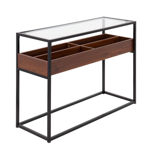Lumisource Display Contemporary Console Table in Black Metal, Walnut Wood, and Clear Glass