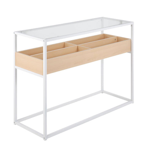 Lumisource Display Contemporary Console Table in White Metal, Natural Wood, and Clear Glass