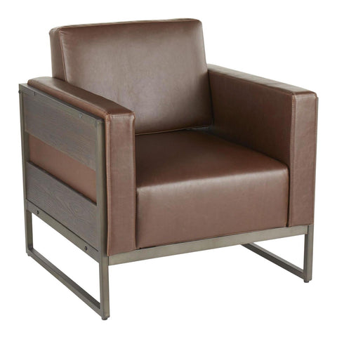 Lumisource Drift Industrial Lounge Chair in Antique Metal with Brown Faux Leather and Espresso Wood