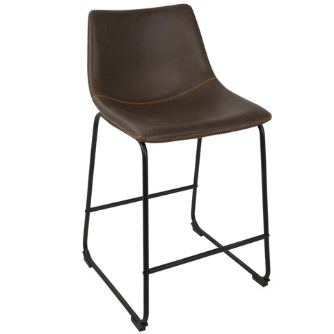 Lumisource Duke 26" Industrial Counter Stool in Black with Espresso Faux Leather and Orange Stitching - Set of 2