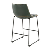 Lumisource Duke 26" Industrial Counter Stool in Black with Green Faux Leather and Orange Stitching - Set of 2