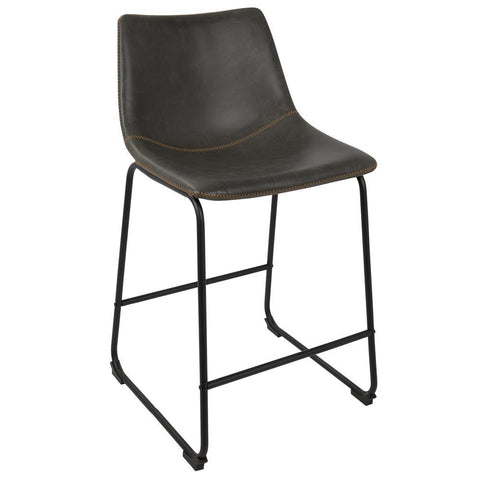 Lumisource Duke 26" Industrial Counter Stool in Black with Grey Faux Leather and Orange Stitching - Set of 2