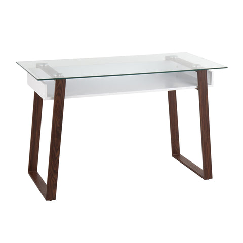 Lumisource Duke Contemporary Desk in Walnut Metal, White Wood, and Clear Glass