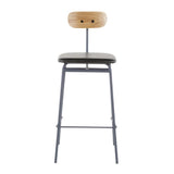 Lumisource Elio Contemporary Counter Stool in Grey Metal, Black Faux Leather and Natural Wood - Set of 2