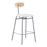 Lumisource Elio Contemporary Counter Stool in Grey Metal, White Faux Leather and Natural Wood - Set of 2