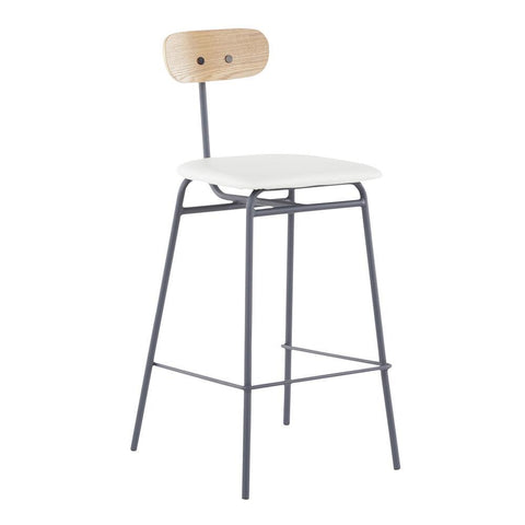 Lumisource Elio Contemporary Counter Stool in Grey Metal, White Faux Leather and Natural Wood - Set of 2