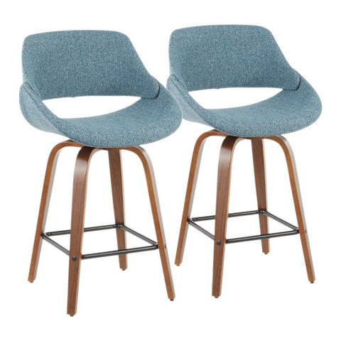 Lumisource Fabrico Mid-Century Modern Counter Stool in Walnut and Blue Noise Fabric - Set of 2