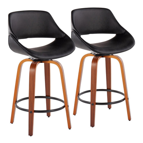 Lumisource Fabrico Mid-Century Modern Fixed-Height Counter Stool in Walnut Wood with Round Black Footrest and Black Faux Leather - Set of 2