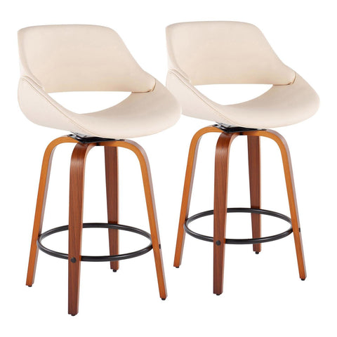 Lumisource Fabrico Mid-Century Modern Fixed-Height Counter Stool in Walnut Wood with Round Black Footrest and Cream Faux Leather - Set of 2