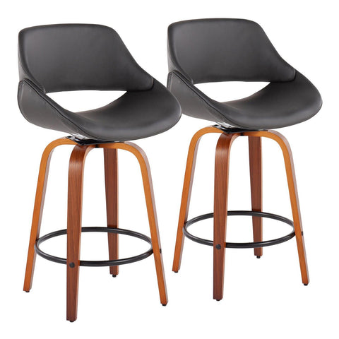 Lumisource Fabrico Mid-Century Modern Fixed-Height Counter Stool in Walnut Wood with Round Black Footrest and Grey Faux Leather - Set of 2