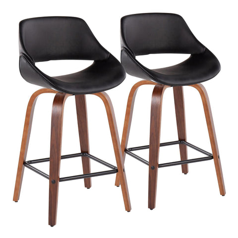 Lumisource Fabrico Mid-Century Modern Fixed-Height Counter Stool in Walnut Wood with Round Chrome Footrest and Black Faux Leather - Set of 2