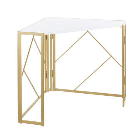 Lumisource Folia Contemporary Corner Desk in Gold Metal and White Wood