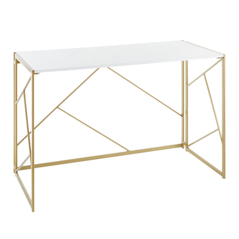 Lumisource Folia Contemporary Desk in Gold Metal and White Wood