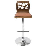 Lumisource Folia Mid-Century Modern Adjustable Barstool with Swivel in Walnut And Orange Fabric