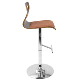 Lumisource Folia Mid-Century Modern Adjustable Barstool with Swivel in Walnut And Orange Fabric