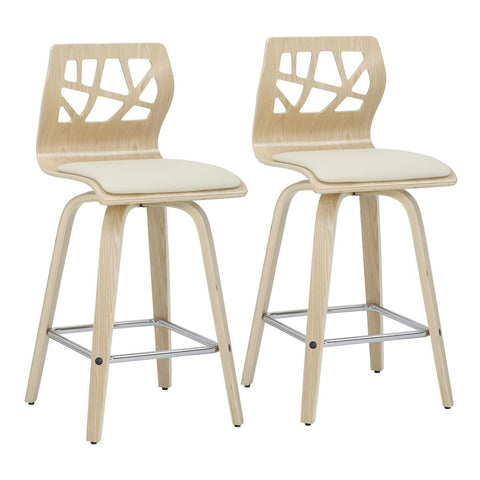 Lumisource Folia Mid-Century Modern Counter Stool in Natural Wood, Cream Faux Leather, and Chrome Footrest - Set of 2