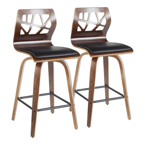 Lumisource Folia Mid-Century Modern Counter Stool in Walnut Wood and Black Faux Leather - Set of 2