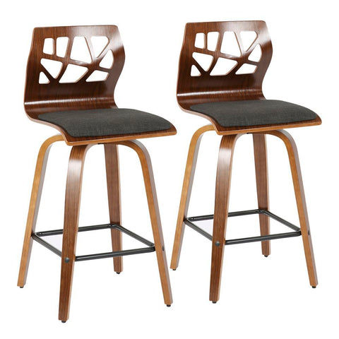 Lumisource Folia Mid-Century Modern Counter Stool in Walnut Wood and Charcoal Fabric -set of 2
