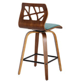 Lumisource Folia Mid-Century Modern Counter Stool in Walnut Wood and Teal Fabric - Set of 2