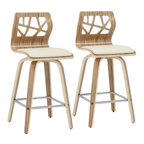 Lumisource Folia Mid-Century Modern Counter Stool in Zebra Wood, Cream Faux Leather, and Chrome Footrest - Set of 2