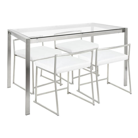 Lumisource Fuji 5-Piece Contemporary Dining Set in Stainless Steel & White Velvet Fabric
