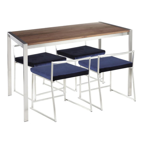 Lumisource Fuji 5-Piece Contemporary Dining Set in Stainless Steel/Walnut Wood & Blue Velvet Fabric