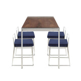 Lumisource Fuji 5-Piece Contemporary Dining Set in Stainless Steel/Walnut Wood & Blue Velvet Fabric