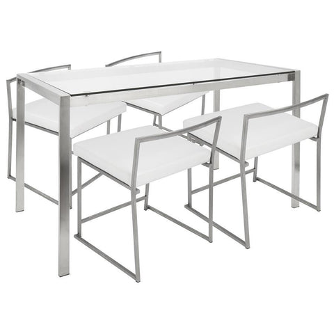 Lumisource Fuji 5-Piece Contemporary Dining Set in Stainless Steel and White Faux Leather