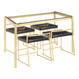 Lumisource Fuji 5-Piece Contemporary/Glam Dining Set in Gold Metal/Clear Tempered Glass & Black Faux Leather