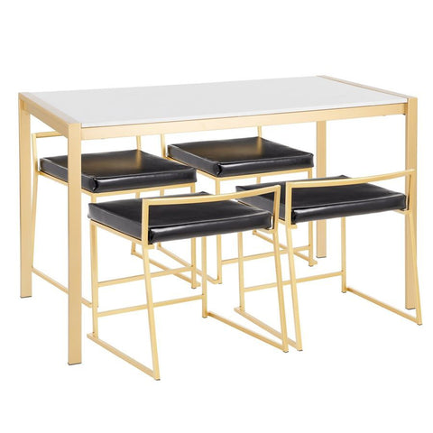 Lumisource Fuji 5-Piece Contemporary/Glam Dining Set in Gold Metal/White Marble & Black Faux Leather