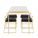 Lumisource Fuji 5-Piece Contemporary/Glam Dining Set in Gold Metal/White Marble & Black Faux Leather