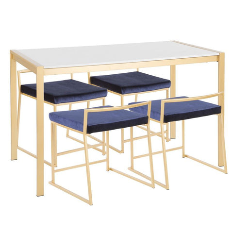 Lumisource Fuji 5-Piece Contemporary/Glam Dining Set in Gold Metal/White Marble & Blue Velvet Fabric