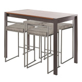 Lumisource Fuji 5-Piece Industrial Counter Height Dining Set in Antique Metal/Walnut Wood & Stone Fabric
