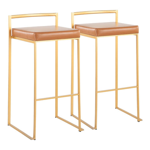 Lumisource Fuji Contemporary Barstool in Gold with Camel Faux Leather - Set of 2