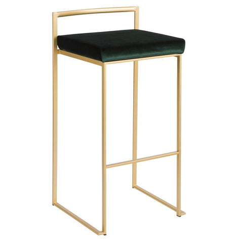 Lumisource Fuji Contemporary-Glam Stackable Barstool in Gold with Green Velvet Cushion - Set of 2
