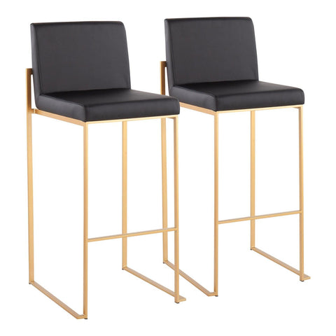 Lumisource Fuji Contemporary High Back Barstool in Gold Steel and Black Faux Leather - Set of 2