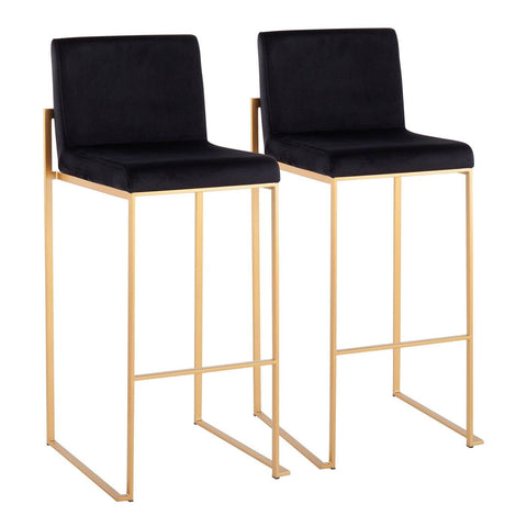 Lumisource Fuji Contemporary High Back Barstool in Gold Steel and Black Velvet - Set of 2