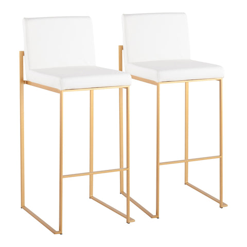 Lumisource Fuji Contemporary High Back Barstool in Gold Steel and White Faux Leather - Set of 2