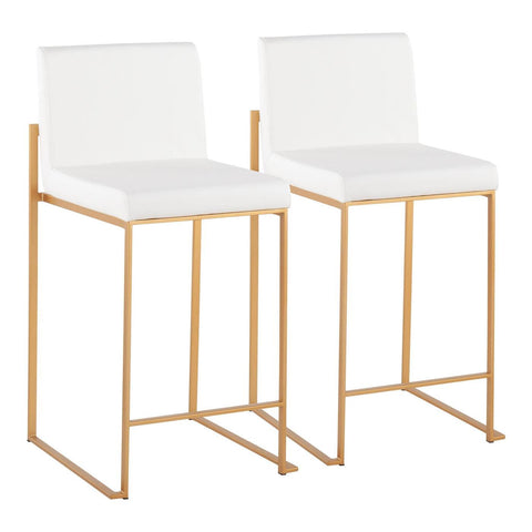 Lumisource Fuji Contemporary High Back Counter Stool in Gold Steel and White Faux Leather - Set of 2