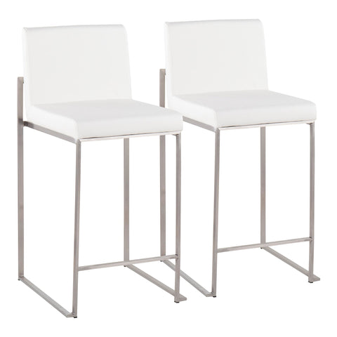 Lumisource Fuji Contemporary High Back Counter Stool in Stainless Steel and White Faux Leather - Set of 2