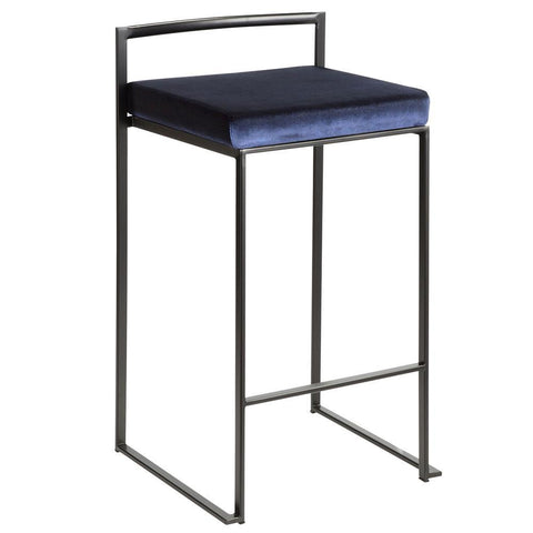 Lumisource Fuji Contemporary Stackable Counter Stool in Black with Blue Velvet Cushion - Set of 2