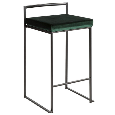 Lumisource Fuji Contemporary Stackable Counter Stool in Black with Green Velvet Cushion - Set of 2