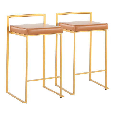 Lumisource Fuji Contemporary Stackable Counter Stool in Gold with Camel Faux Leather Cushion - Set of 2
