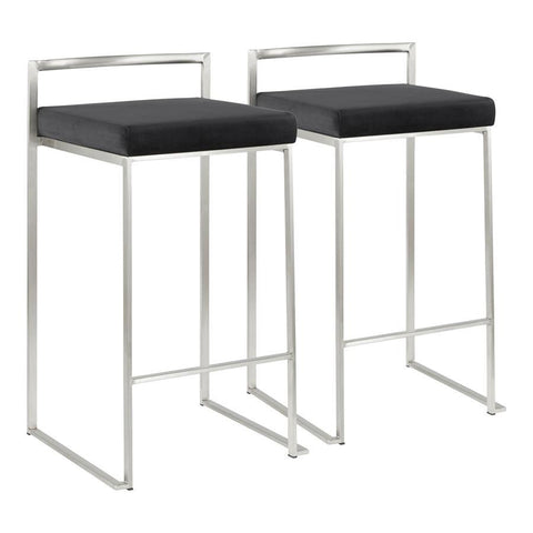 Lumisource Fuji Contemporary Stackable Counter Stool in Stainless Steel with Black Velvet Cushion - Set of 2