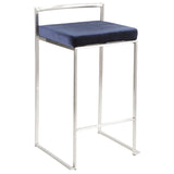 Lumisource Fuji Contemporary Stackable Counter Stool in Stainless Steel with Blue Velvet Cushion - Set of 2