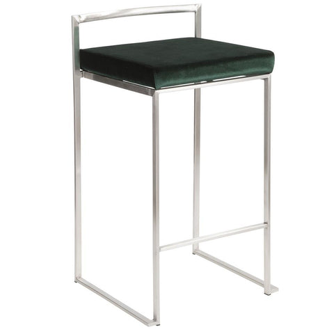 Lumisource Fuji Contemporary Stackable Counter Stool in Stainless Steel with Green Velvet Cushion - Set of 2