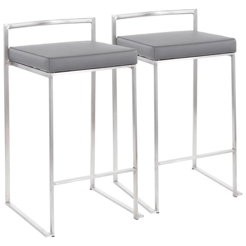 Lumisource Fuji Contemporary Stackable Counter Stool in Stainless Steel with Grey Faux Leather Cushion - Set of 2