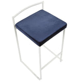 Lumisource Fuji Contemporary Stackable Counter Stool in White with Blue Velvet Cushion - Set of 2
