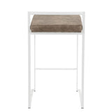Lumisource Fuji Contemporary Stackable Counter Stool in White with Brown Cowboy Fabric Cushion - Set of 2